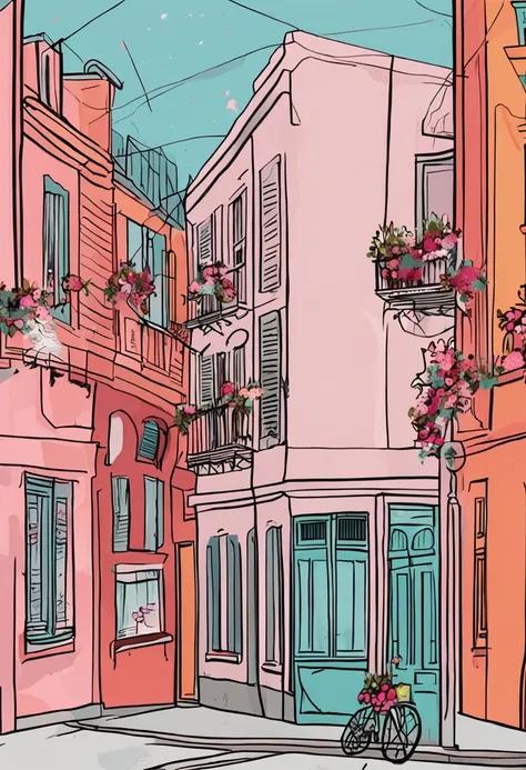 carnation street art illustration france, in the style of colorful cityscapes, quiet moments captured in paint, wes anderson, raoul dufy, animated illustrations, trompe loeil compositions, panorama