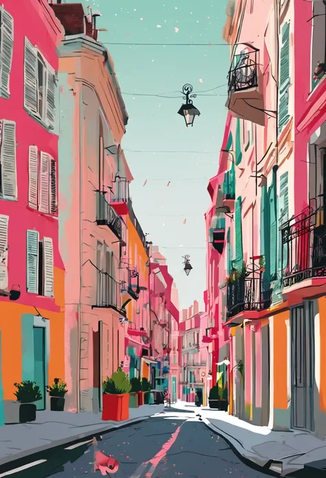 carnation street art illustration france, in the style of colorful cityscapes, quiet moments captured in paint, wes anderson, raoul dufy, animated illustrations, trompe loeil compositions, panorama