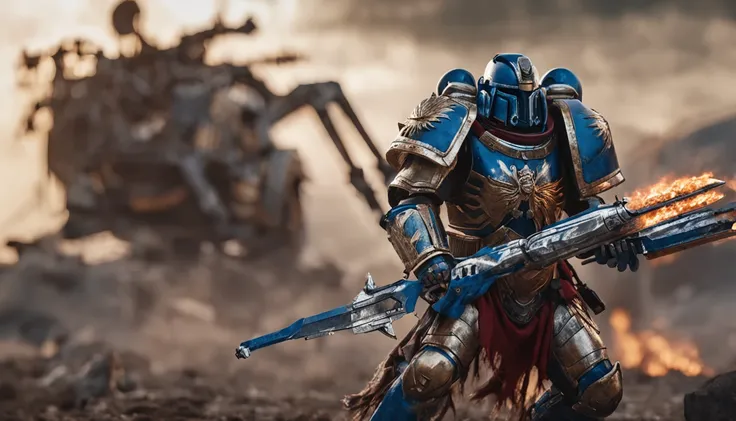 An Astartes Space Marine fighting with a chainsword, crimson and light golden, photorealistic, movie scene, action pose, Sony FE 600mm F4 GM OSS, iso 1000, af-c,shutter: 1/125s, in style of war hammer 40k, yoann lossel, zone system, light blue and white, b...