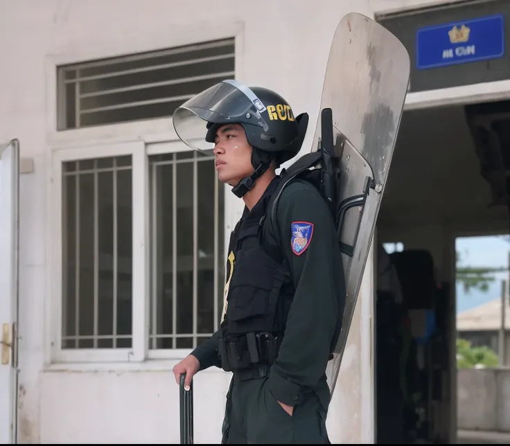 there is a man in a uniform holding a snowboard, riot shields, military police, afp, cop, police officer, the photo shows a large, mechanized police infantry, special forces security, police officers under heavy fire, wearing a police uniform, security age...