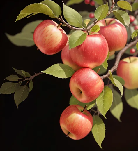 There are many apples hanging from the tree，foliage, red apple, high quality photorealism, digital painting highly detailed, apple trees, hyper realistic detailed rendering, photorealistic illustration, apple, apples, hyperrealistic ”, hyper detailed Photo...