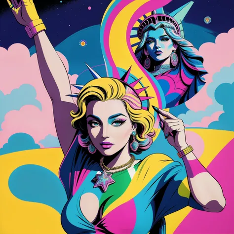 a close up of a woman with a statue of liberty on her head, jen bartel, inspired by Victor Moscoso, lisa frank & sho murase, in style of pop - art, by Victor Moscoso, fantasy pop art, by Dave Arredondo, by Mario Bardi, a pop art painting, pop art masterpie...