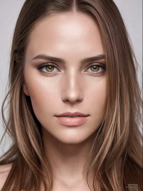 A photorealistic portrait of a stunningly beautiful, braungebrannten brasilianischen Supermodels mit leichtem Make-up, Photo for the cover of a fashion magazine, Extrem detaillierte, helle, honigfarbene Augen, Detailliertes, symmetrisches, realistisches Ge...