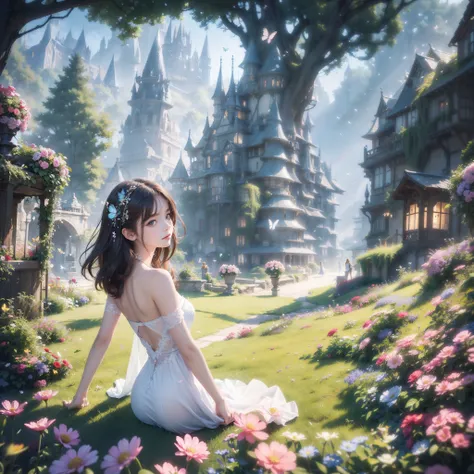 1girl, solo, full body, (masterpiece:1.21), (best quality:1.2), colorful, (illustration:1.2), (cinematic lighting:1.1), (bare shoulders:1.21), (collarbone:1.21) in this whimsical A beautiful and dreamlike garden, the scene is illuminated by a rainbow (colo...