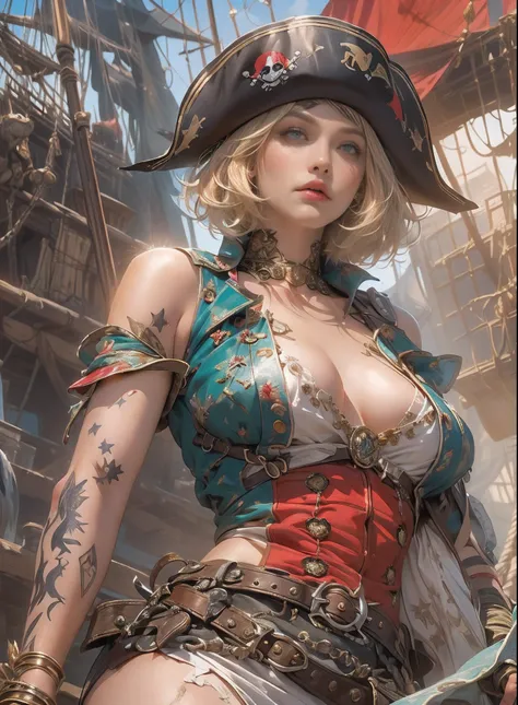 ((top-quality、8K、32K、​masterpiece、nffsw:1.3)), (superfine illustration)、(超A high resolution), (((adult body))), (((1girl in))), ((( Bob Shorthair ))), 25-year-old pirate with a perfect body, Pirate hat with metal spines,Beautiful and well-groomed face, (( ...