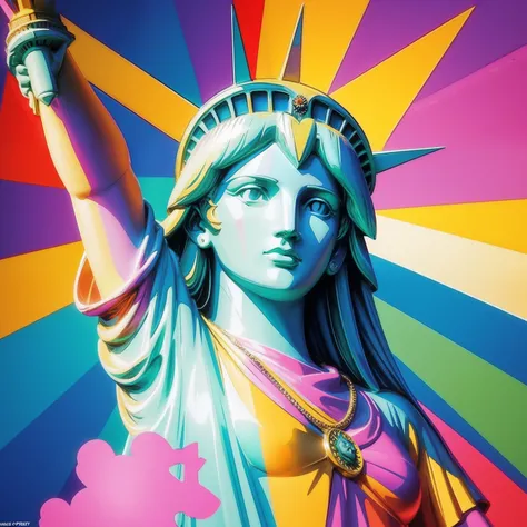 Peace sign in the sky with diamonds, Statue of Liberty in the style of peter max