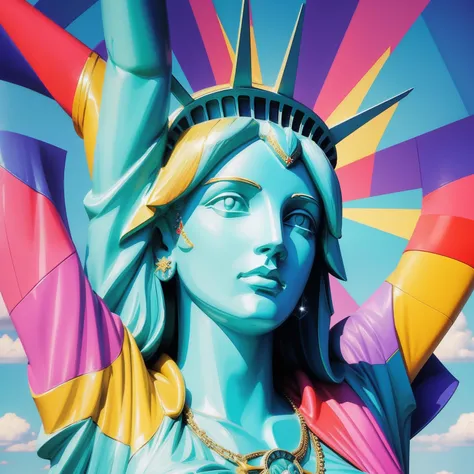 Peace sign in the sky with diamonds, Statue of Liberty in the style of peter max