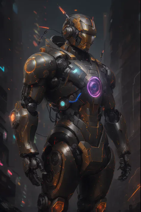 there is a robot that is standing in the street, deep cyberpunk mechanoid,iron man tony stark, painterly humanoid mecha, cyberpunk mechanoid, wojtek fus, advanced digital cyberpunk art, beautiful robot character design, 4k highly detailed digital art, wlop...