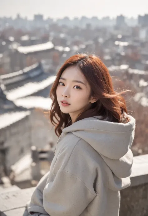 a cute petite Korean woman floating in the air, looking down on the view, buildings on the side, sunlight bouncing off her hair, oversized hoody, charming look, winter weather