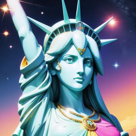 Peace sign in the sky with diamonds, Statue of Liberty in the style of peter max