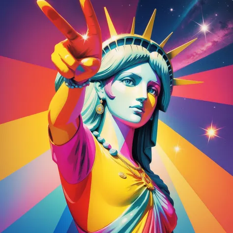 Peace sign in the sky with diamonds, Statue of Liberty in the style of peter max