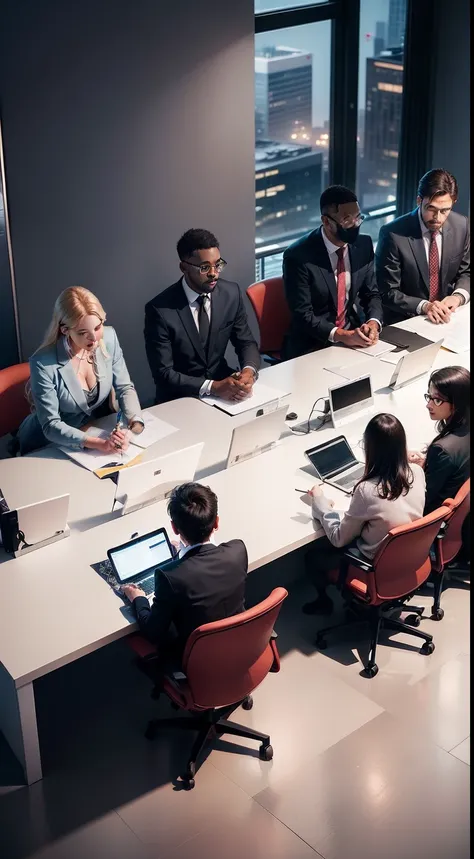 A group of diverse entrepreneurs in a modern office space, gathered around a conference table with laptops and notebooks, engaged in an animated discussion, representing collaborative success in a dynamic startup environment