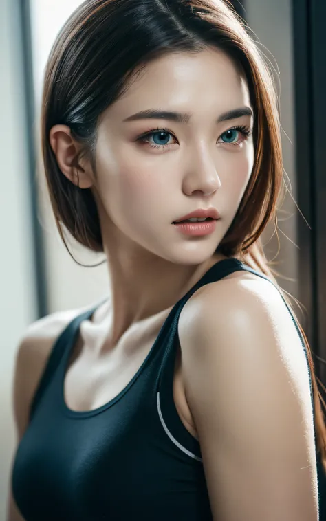 Highly detailed CG Unity 8k wallpaper, top quality, super detailed, masterpiece, realistic, photo realistic, very detailed cute girl, 25 years old, Muscle, abs, round eyes, viewer,  blush, parted lips, half body shot ,
sportswear , gym