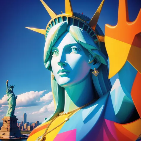 Peace sign in the sky with diamonds, Statue of Liberty in the style of peter max