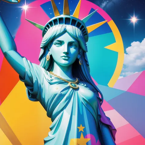 Peace sign in the sky with diamonds, Statue of Liberty in the style of peter max