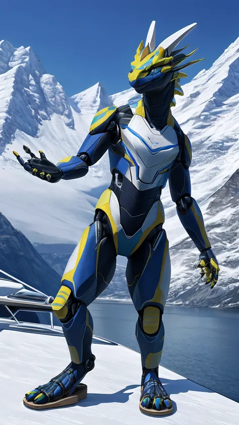 Bionic robot dragon，female，Android，Red Lingeri，sandals，Standing in a yacht on a snowy mountain，HD graphics，Detailed and realistic，high detal，high qulity，photo-realistic，photorealistic eye，Detailed paws，Clear eyes，Masterpiece artwork，Five-fingered hands，top...