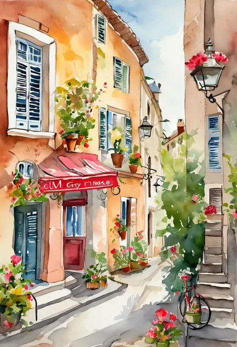 carnation street art illustration france, in the style of colorful cityscapes, quiet moments captured in paint, wes anderson, raoul dufy, animated illustrations, trompe loeil compositions, panorama