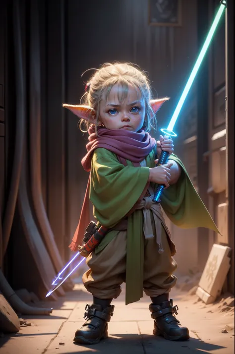 3d rendered character portrait of kid yoda jedi, holding 1 saber, full pose, with scarf, unreal engine 5, concept art, vibrant colors, glow, trending on artstation, ultra high detail, ultra realistic, cinematic lighting, focused, 8k