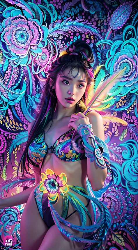 masterpiece, top quality, best quality, official art, beautiful and aesthetic:1.2), (1girl:1.3), extremely detailed,(fractal art:1.1)neon,(colorful:1.1)neon(flowers:1.3)neon,highest detailed,(zentangle:1.2)neon, (dynamic pose), (3D abstract background:1.3)...