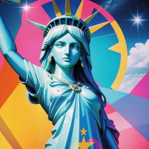 Peace sign in the sky with diamonds, Statue of Liberty in the style of peter max