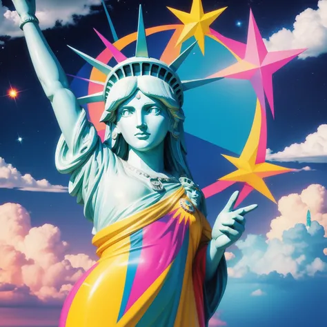 Peace sign in the sky with diamonds, Statue of Liberty in the style of peter max