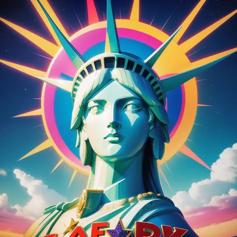 Peace sign in the sky with diamonds, Statue of Liberty in the style of peter max