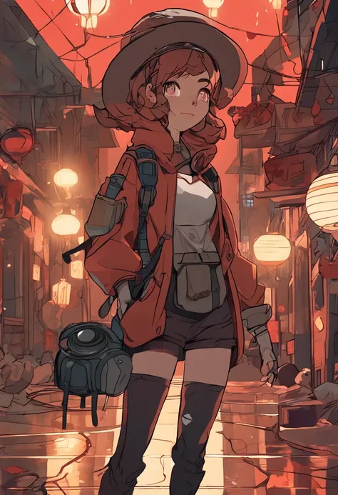 a young lady with lanterns and cat scifi, in the style of dynamic anime, cyberpunk background ,light brown and red, festive atmosphere, i cant believe how beautiful this is, official art, 32k uhd, folk-inspired illustrations --ar 29:64