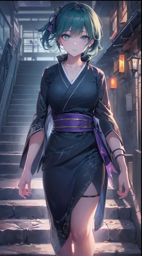 (a beautiful assassin woman), (walk toward the stone stairs),((perfect and thin body shape)), short ponytail, (green hair),(gradient eye colors), ((bright and clear eye)), green eyes, (nocturnal clothes without sleeves), black short nocturnal skirt, (Japan...