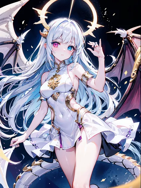 ((Divine looking dragon angel))、1 girl in、Heterochromia in the eyes composed、White skin all over the body、Holding an angel metal ring on his head、Has many white holy angel wings and dragon wings。