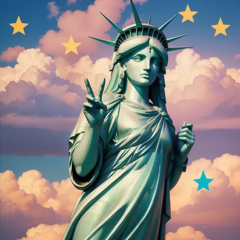 Peace sign in the sky with diamonds, Statue of Liberty in the style of peter max