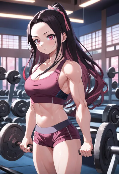 nezuko in gym clothes training intensely in a bodybuilding gym, buff, looking a viewer, weights