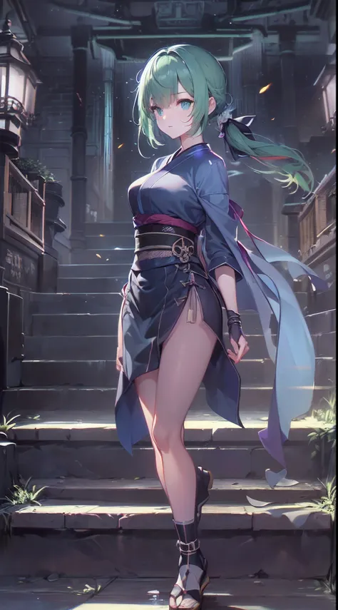 (a beautiful assassin woman), (walk toward the stone stairs),((perfect and thin body shape)), short ponytail, (green hair),(gradient eye colors), ((bright and clear eye)), green eyes, (nocturnal clothes without sleeves), black short nocturnal skirt, (Japan...