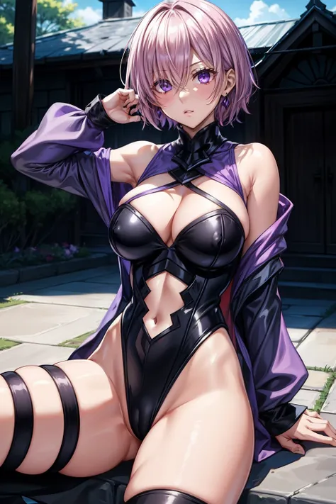 mash_kyrielight(fate_grandorder), 1girl, ​masterpiece、top-quality、Black Leotard、Purple eyes、{A sexy}、crotch、outside of house、