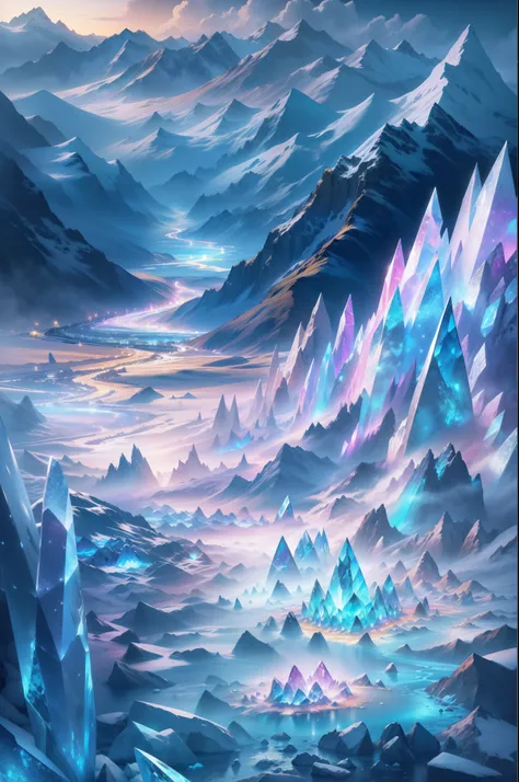 9(masterpiece,bestquality),Land of Crystals,ice field,bright,Shimmering like a diamond, it shines like a crystal,Bright and vivid colors,(depth of fields:1.2),the night,Holy,Light-sensitive,crystal