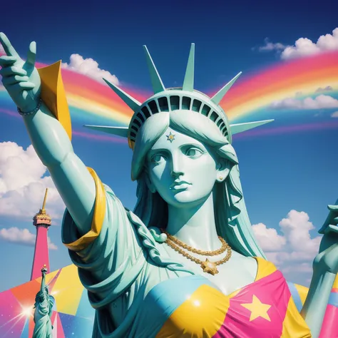 Peace sign in the sky with diamonds, Statue of Liberty in the style of peter max