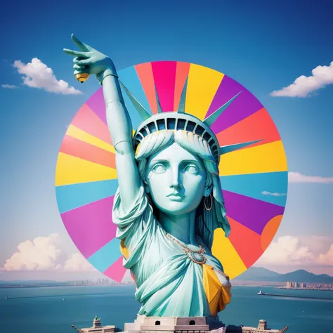 Peace sign in the sky with diamonds, Statue of Liberty in the style of peter max