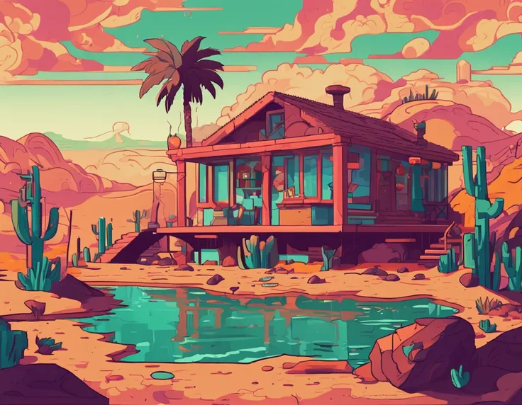 house in the desert by josse schmalle, in the style of pixel art, baroque maritime, lo-fi aesthetics, cartoonish style, calm waters, mexican core, neo-geo