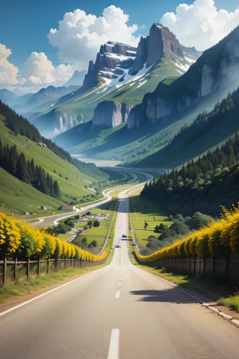 An endless road，Flowers bloom all over the mountain，