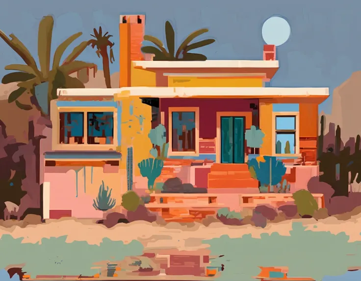 house in the desert by josse schmalle, in the style of pixel art, baroque maritime, lo-fi aesthetics, cartoonish style, calm waters, mexican core, neo-geo