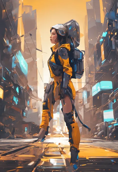 anime girl sci fi character art, cool artwork, futuristic style, in the style of 32k uhd, atey ghailan, geoff johns, dark yellow and gray,