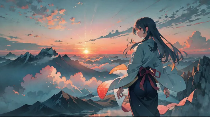 Creative quality：8K highest，Kizi，Cocked buttocks，long whitr hair，Slim figure，Stand at the top of a mountain in the distance，Sea of Clouds，Sunrise in the East，Asaka Manjō