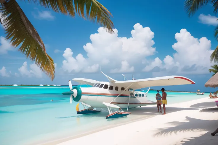 Year: 2022
Country: Maldives
Description: A charming seaplane docks at a remote atoll, where a group of teenagers disembark in vintage-inspired beach attire. They gather on the powdery sand, arranging a picnic with fresh tropical fruits under a colorful be...