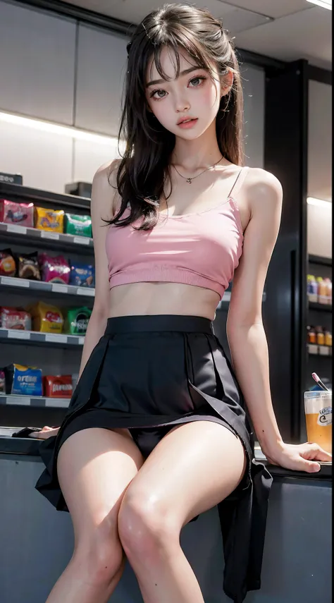 a 18 year old girl, Sitting at a desk in a convenience store, Bokeh, Perfect Figure, (((Hand-lifted skirt,Black panties, I can see the panties))), ((My eyes crossed, captivating)), Short T-shirt, slim tummy, (Pink miniskirt),(Spread your legs)