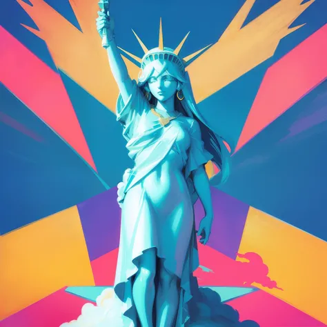 Peace sign in the sky with diamonds, Statue of Liberty in the style of peter max