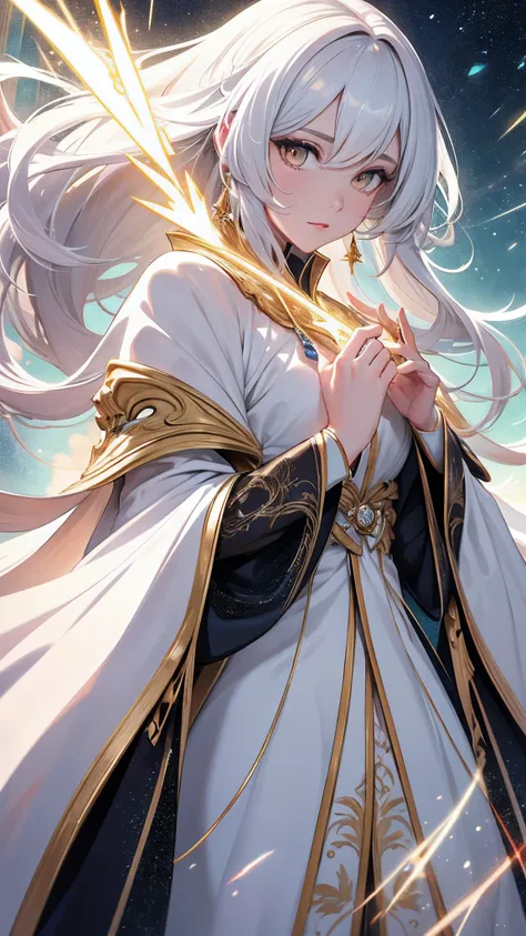 （tmasterpiece，top-quality，best qualityer，offcial art，Beauty and aesthetics：1.2），（Kizi：1.3），extremy detailed，rich colourful，highest details，s the perfect face，The upper part of the body，hdr，（long  white hair：1.5）（white cloak golden lines：1.2），galaxias，（ligh...