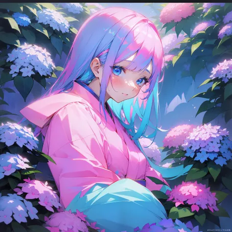 (Beautifully Aesthetic:1.2)、(1girl in:1.3)、(Blue and pink colorful hair:1.2)、Wearing a colorful kimono in blue and pink、hortensia、Hydrangea flowers、colourfull、Sateen、rainbows、mystical、Beautiful Landscapes、