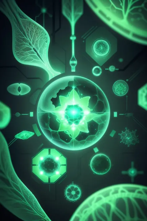 "Create a biomedical image with scientific flair. Blend cell imagery, lab setups, and a subtle DNA icon. Integrate medical imaging and tech elements. Opt for cosmic green hues. Add text: Biomedical Progress and Advancing Science. Use tags: #Innovation and ...