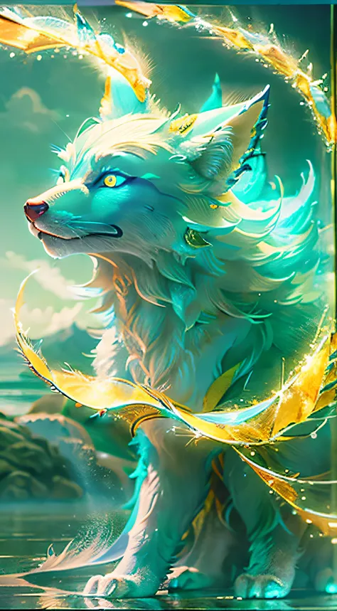 Fantastic Beasts concept art, colorful crystal glass nine-tailed fox mythical beast design with sparkling tail, ancient Chinese mythology, lady luck cloud background beast, glowing yellow eyes, epic HD CG rendering, majestic, lifelike, aqua blue like the s...