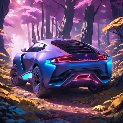 3D photo realistic ray SUV car. Detailed purple and yellow leaves.  Alien landscape, Blue glowing mushroom. Hidden Chinese dragon，Mysterious technology deep in the woods