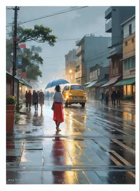 there is a woman walking down the street with an umbrella, rainy evening, by John La Gatta, inspired by Evgeny Lushpin, in the rain in the early evening, rainy afternoon, after the rain, under rain, at evening during rain, by Ni Yuanlu, rainy street, just ...